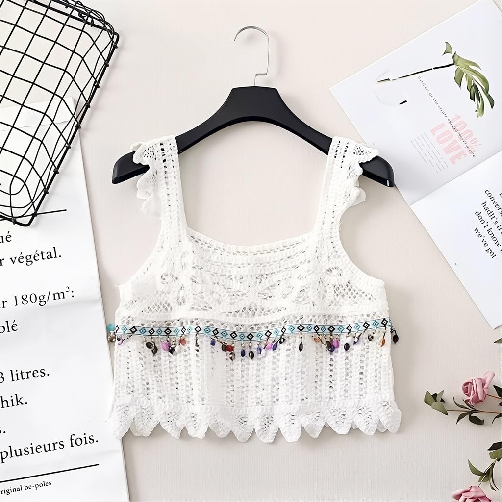 SANNIDHI Crochet Tank Top for Women featuring Boho Lace Design and Colorful Charms | Summer Beachwear