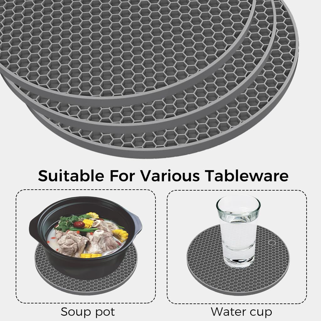 ZIBUYU® Trivets for Dining Table Round Silicone Trivet Mats for Kitchen Surface Protector Honeycomb Design Round Silicone Coaster for Hot Utensils, Cup, Hot Plate Mats for Kitchen (7 inch), Grey - 3