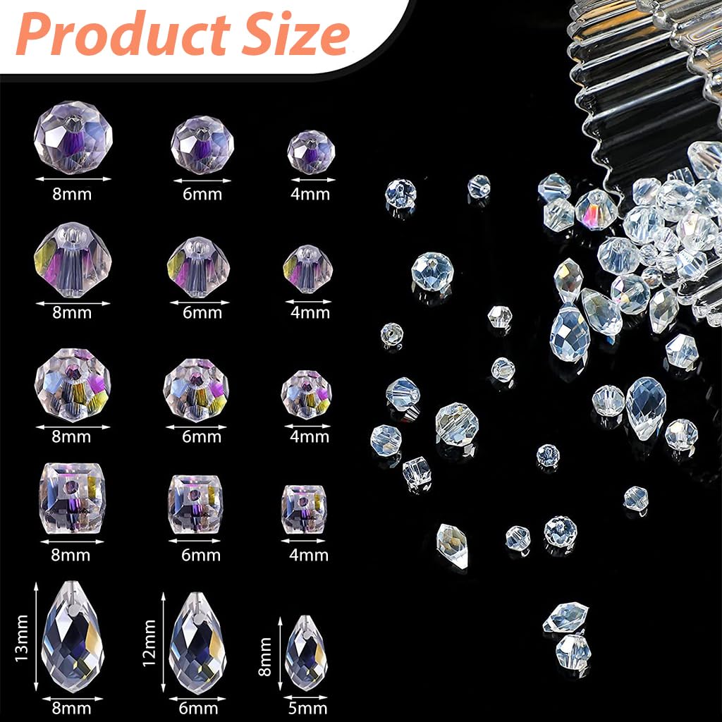 SANNIDHI Glass Crystal Beads for Jewellery Making with AB Finish 1300 pcs | 5 Shapes 3 Sizes