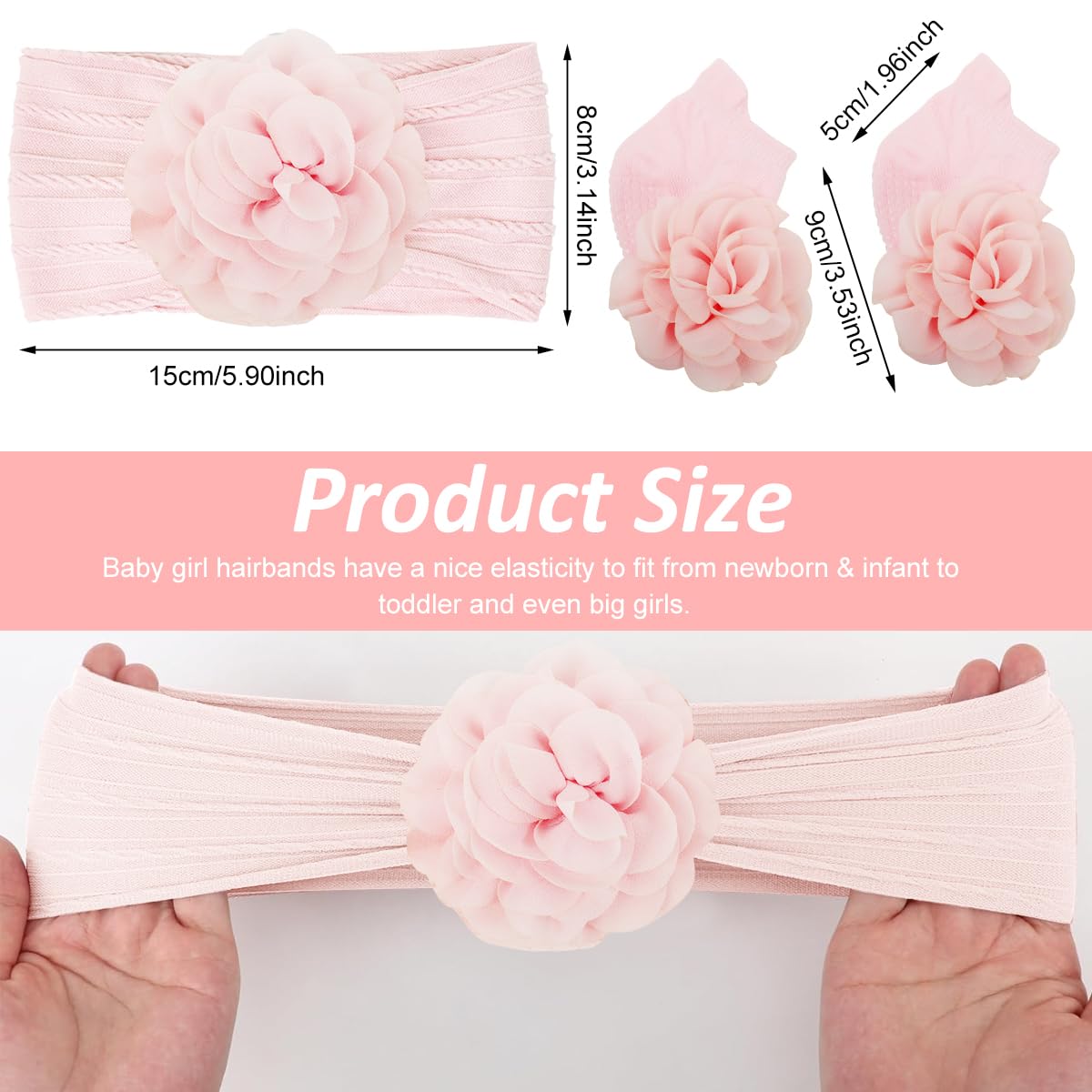 SNOWIE SOFT Chiffon Flower Hair Bands Set for Baby Girls with Pink Nylon Socks | Ideal Baby Shower Gift