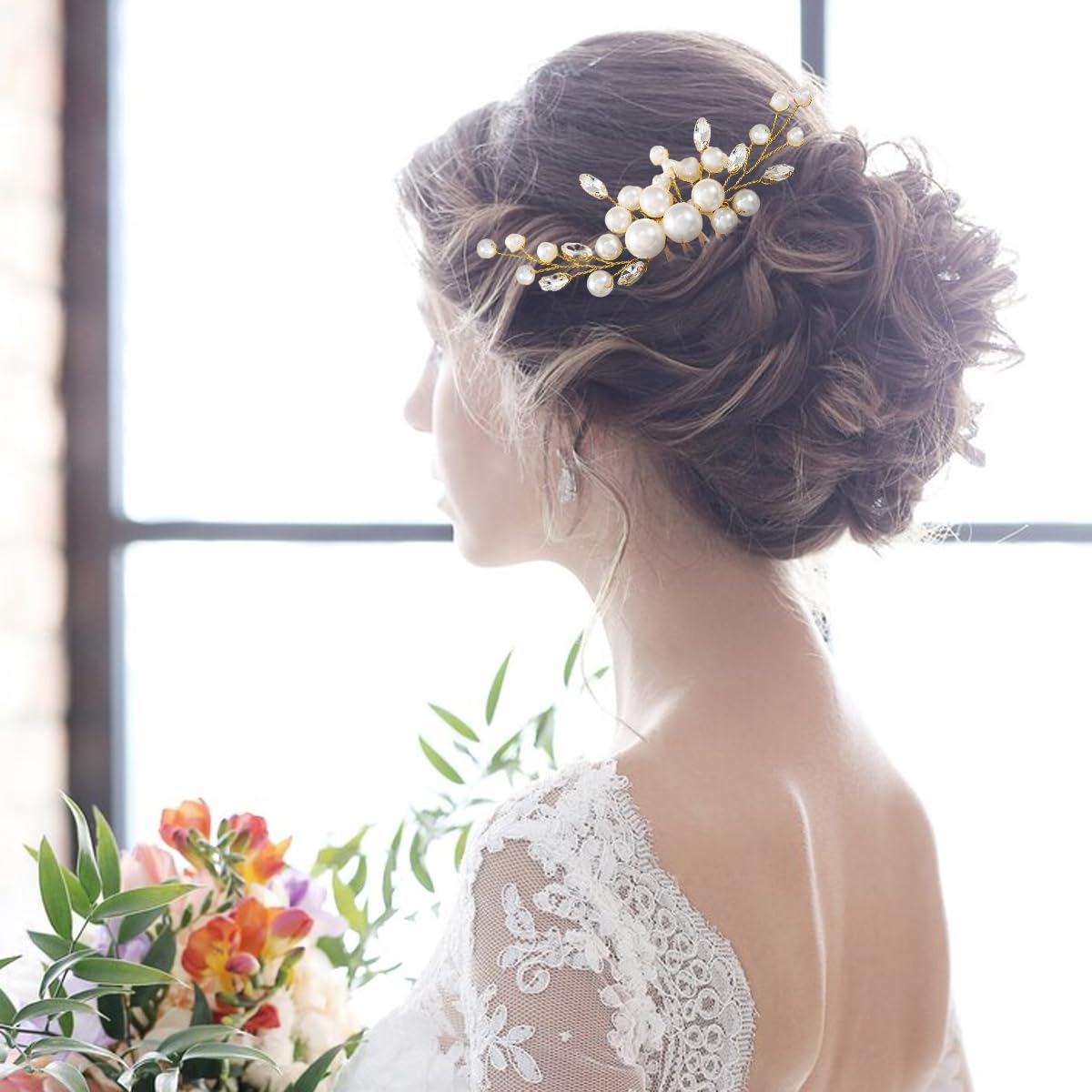 SANNIDHI Bride Pearl Hair Side Comb for Weddings with 4in Clip & 2.36in Pin | Gold Crystal Rhinestone Accessory for Women
