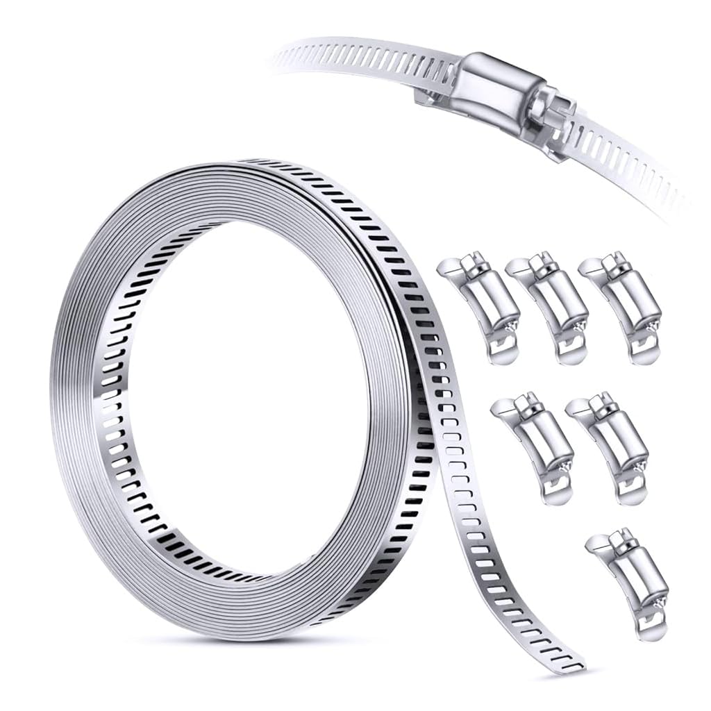 Serplex® 304 Stainless Steel Hose Clamp Assortment Kit DIY, Cut-To-Fit 6.5 FT Metal Strap+8 Stronger Fasteners,Large Adjustable Worm Gear Band Hose Clamps Screw Clamps Duct Pipe Metal Clamp Strapping