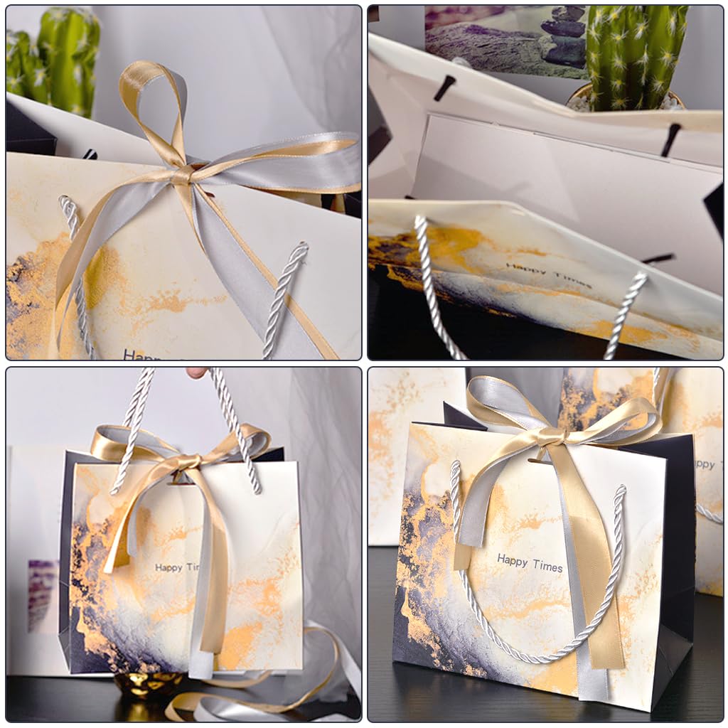 HASTHIP® 10pcs Gift Paper Bags, Gift Bags Medium Size with Bow Ribbon, Portable Paper Gift Bag with Handles, Birthday Gift Bags, Marble Pattern Present Bags for Diwali Christmas Wedding Party, Yellow