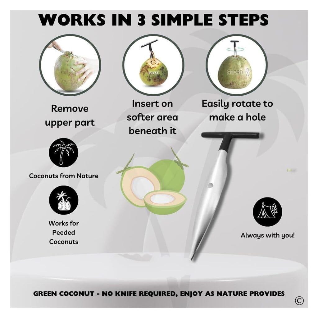 ZIBUYU Stainless Steel Coconut Opener with T Handle and Anti Slip Grip | Easy Hole Maker Tool