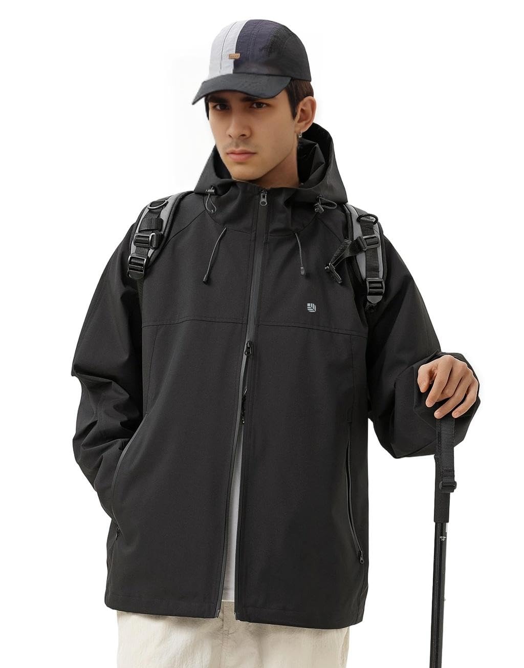 Venzina Men's Waterproof Jacket for Hiking and Cycling with 75D Fabric and 360° Windproof System | Black Lightweight Hooded Outerwear