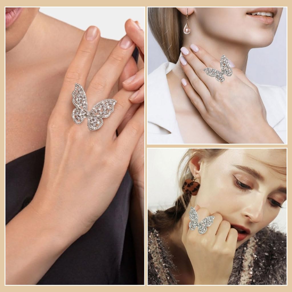 Zibuyu Butterfly Diamond Ring for Women with Crystal Bow and Adjustable Cubic Zirconia Band