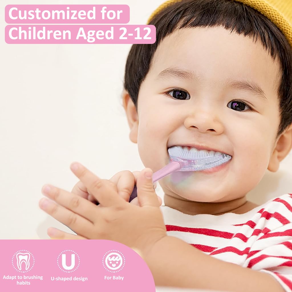 HANNEA® 2Pcs Kids Toothbrush U-Shaped Kids Toothbrush for 3-6 Years Old 360° Teeth Cleaning Soft Silicone Bristles Design Toothbrush Dental Care Toothbrush Cartoon Toothbrush with Wall Holder