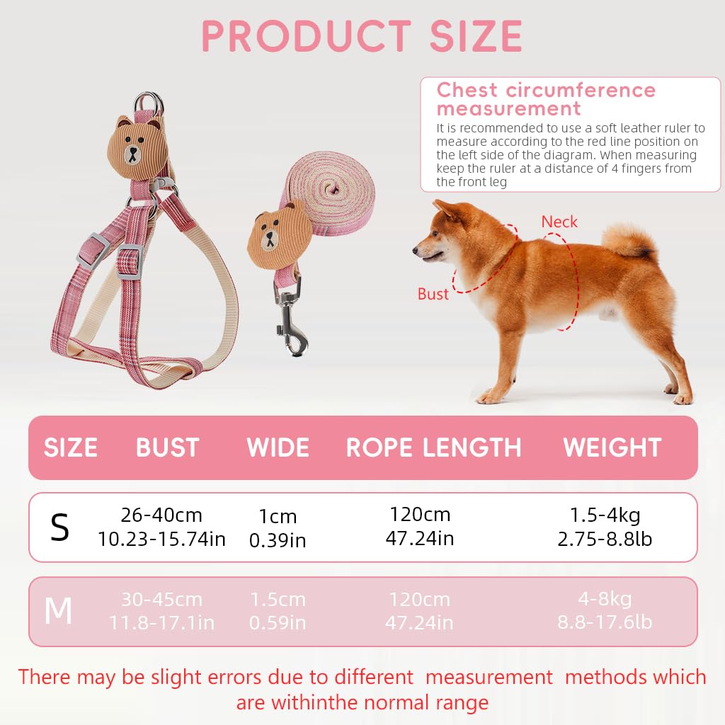 Qpets No Pull Dog Harness and Leash Set with Dual D Rings and 1.2m Tangle Free Design | Adjustable Pink Checked Pattern for Medium Dogs