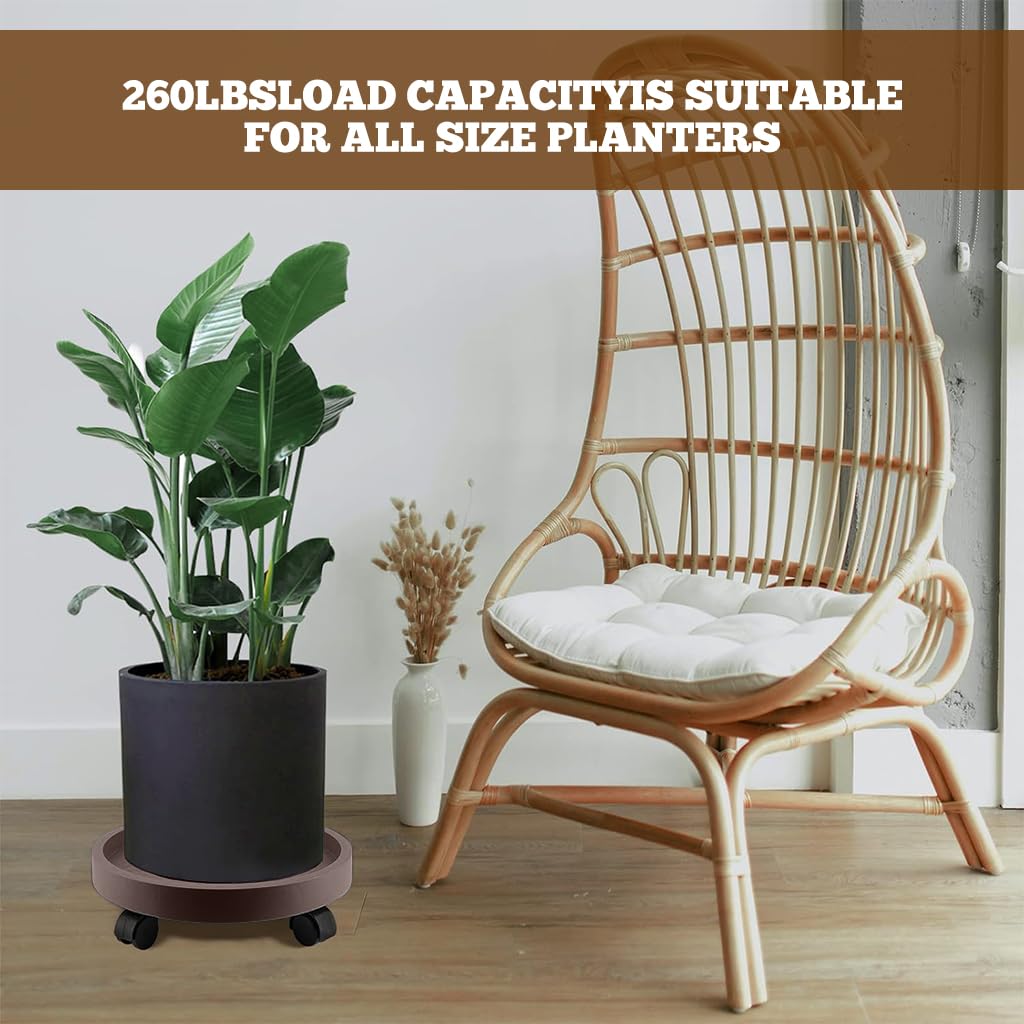 HASTHIP Plant Pot Stand for Indoor and Outdoor Use with 4 Wheels and 8.6 in Tray | Resin Brown