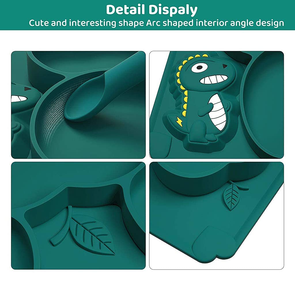 SNOWIE SOFT Baby Suction Plates for Feeding with Cute Dinosaur Design | Silicone 2PCS Green