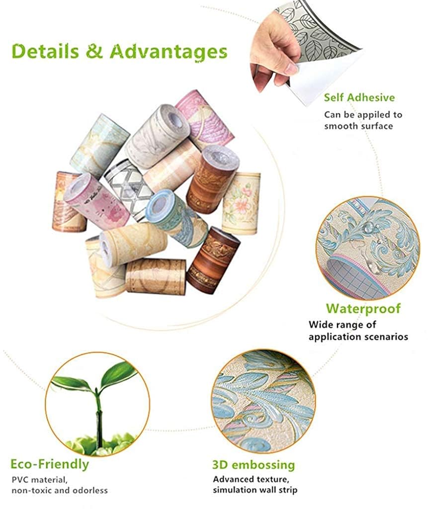 HASTHIP® 2 Pcs 4 Inch x 16.4 Ft Gold Floral Peel & Stick Wall Border, Waterproof PVC, Self-Adhesive, Removable & Durable, Easy Cut, Damp-Proof Wallpaper Trim for Bathroom, Kitchen, Living Room