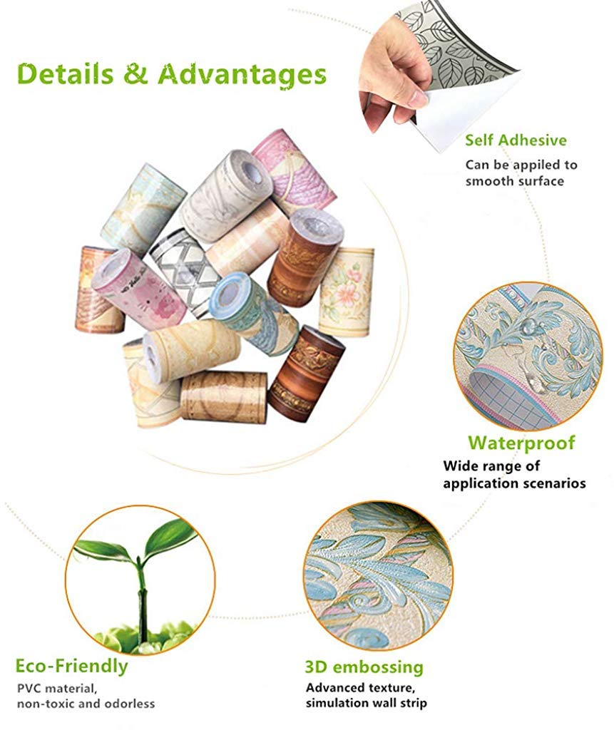 HASTHIP Peel and Stick Wall Border for Bathroom and Kitchen with 4 in x 16.4 ft PVC Trim | Removable Gold Floral Waterproof Design