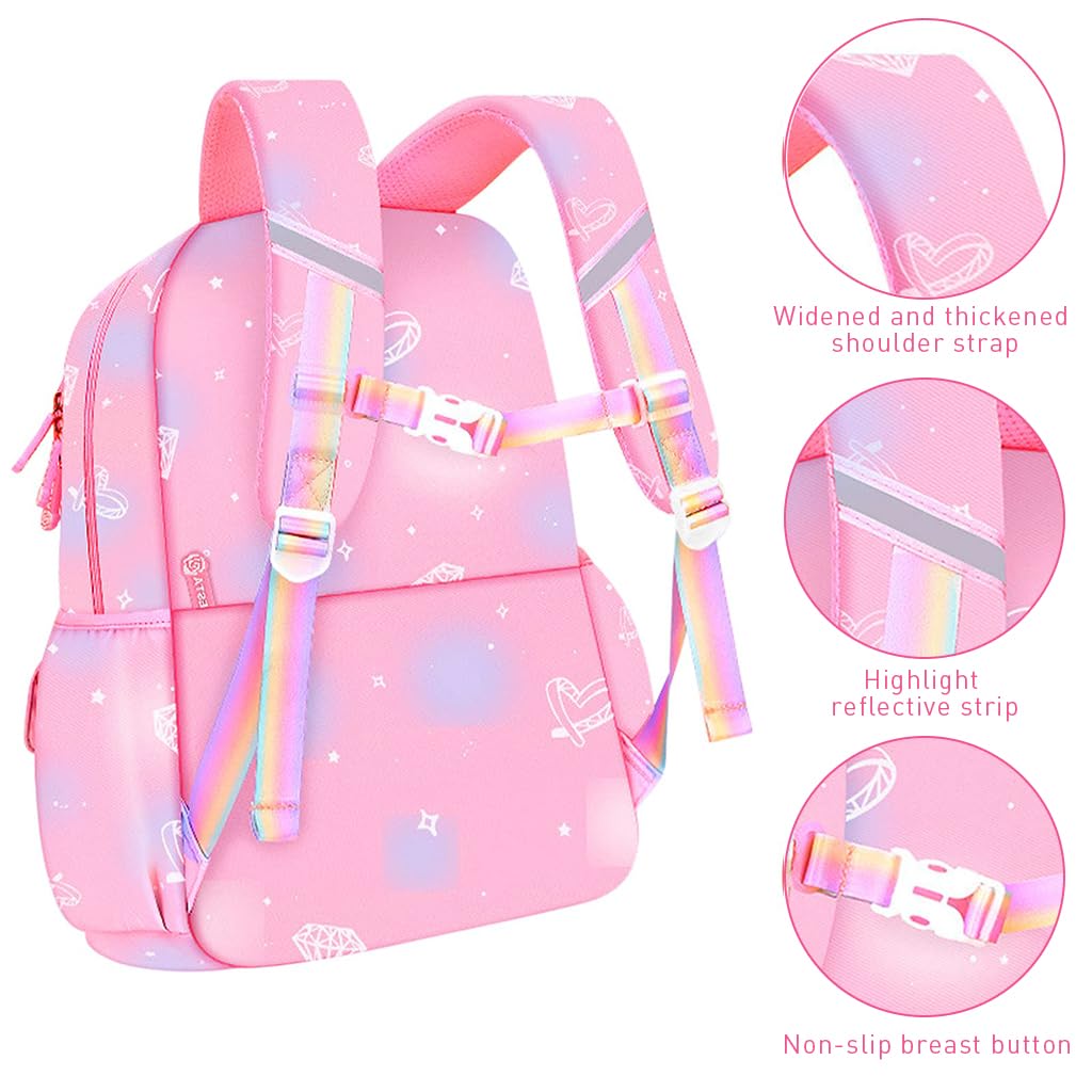 Climberty® 2Pcs School Bag for Girls 7-12 Years Old Cute Cartoon School Bags for Kids Waterproof Durable School Backpacks Burden Relief School Bag Birthday Gifts for Girls, Kids - Pink & Purple