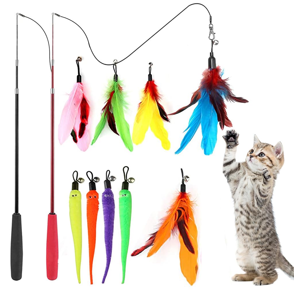 Qpets® Cat Teaser Toy, Feather Toy for cat 11 Pcs Cat Toy Set with 2 Retractable Teaser Wand & 5 Feather Teaser Toy & 4 Worm Teaser, Interactive Cat Toys for Kitten to Play Chase Activity Exercise