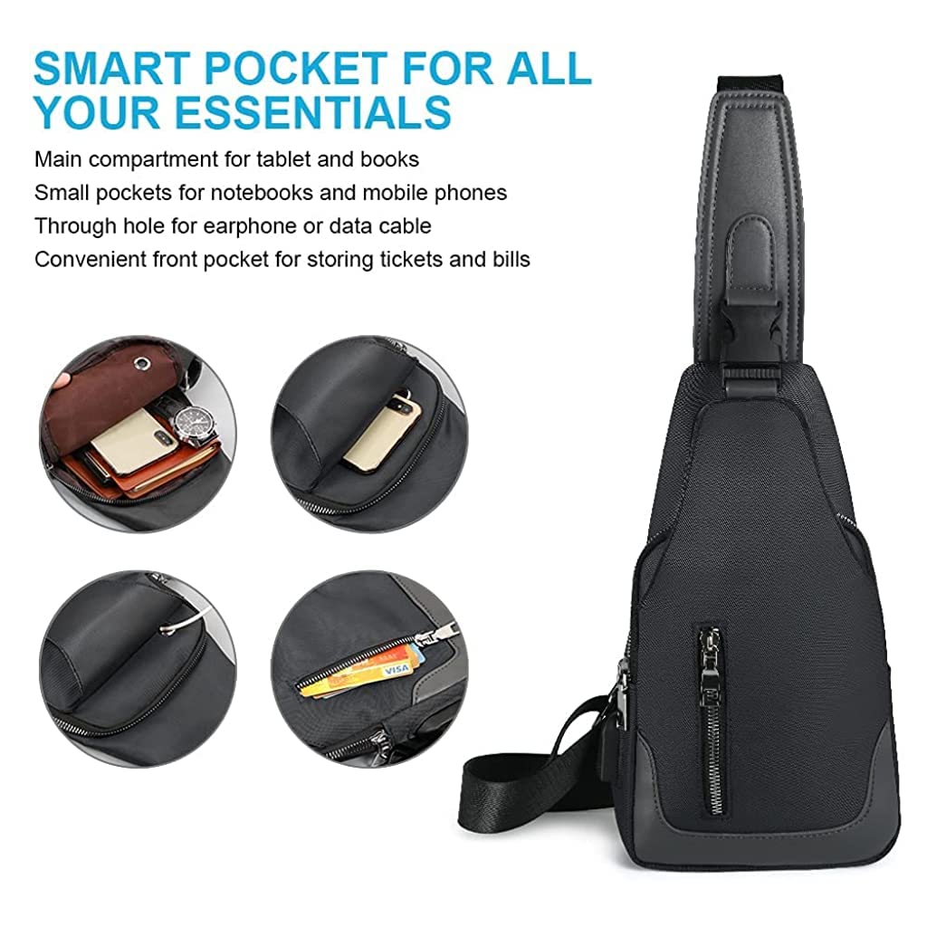 PROBEROS Crossbody Bag for Travel and Outdoor Use with USB Port and 6.3×2.4×12 in Capacity | Black Nylon for Men and Women