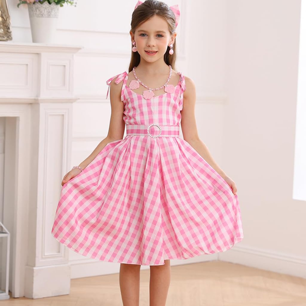 SNOWIE SOFT Girls Pink Cosplay Costume Dress with Belt and Bow for 110cm Kids | Polyester Cotton Movie Outfit
