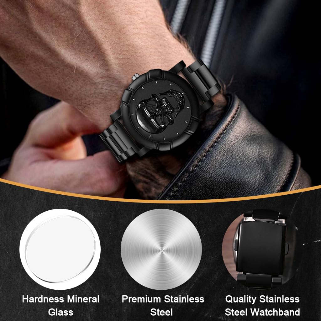 Proberos Skull Watch Bracelet Gift Set for Men with Alloy Steel Chain Necklace | 3‑Piece Jewelry Collection