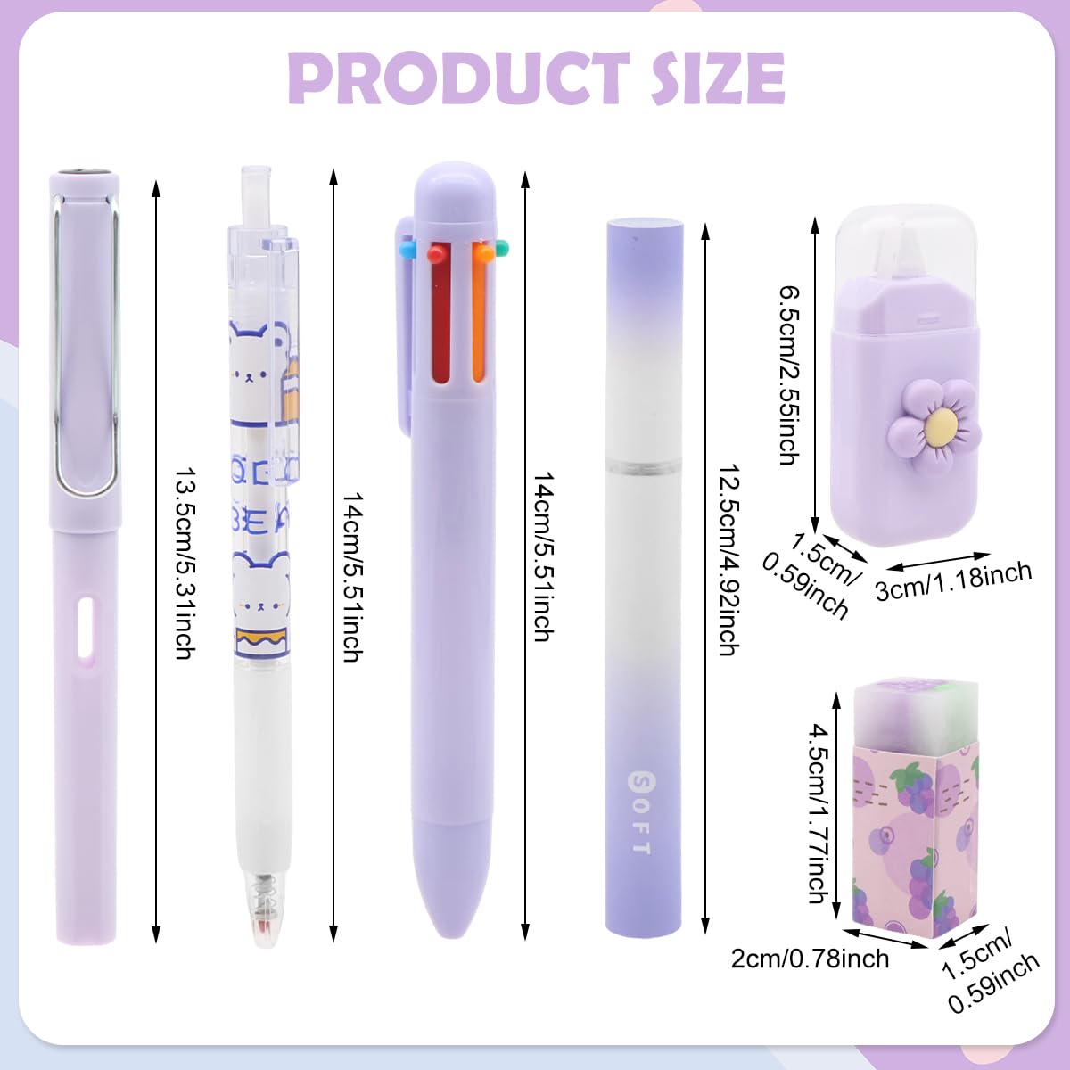 OFIFO Stationery Set for School and Kids with 6 In 1 Ballpoint Pen and Kawaii Purple Design