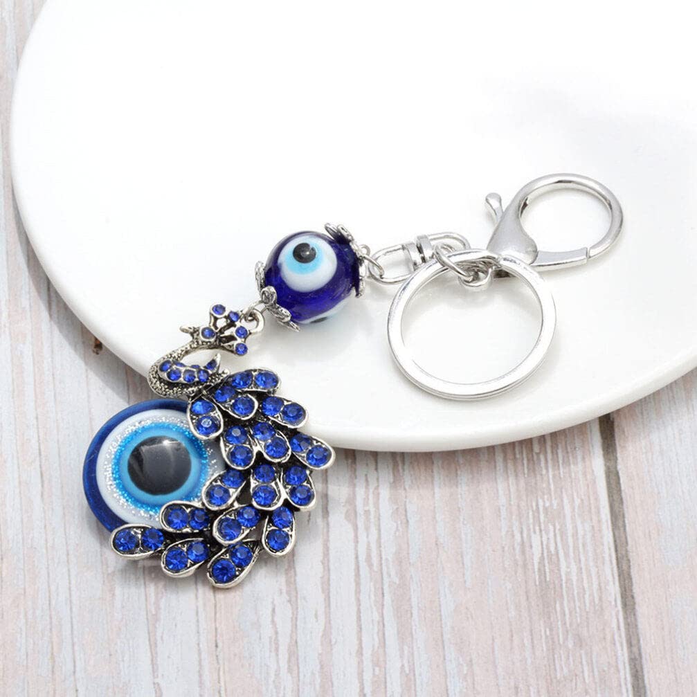 Zibuyu Evil Eye Blue Peacock Keyring with Lobster Clasp for Bags & Keys | Metal Charm Gift