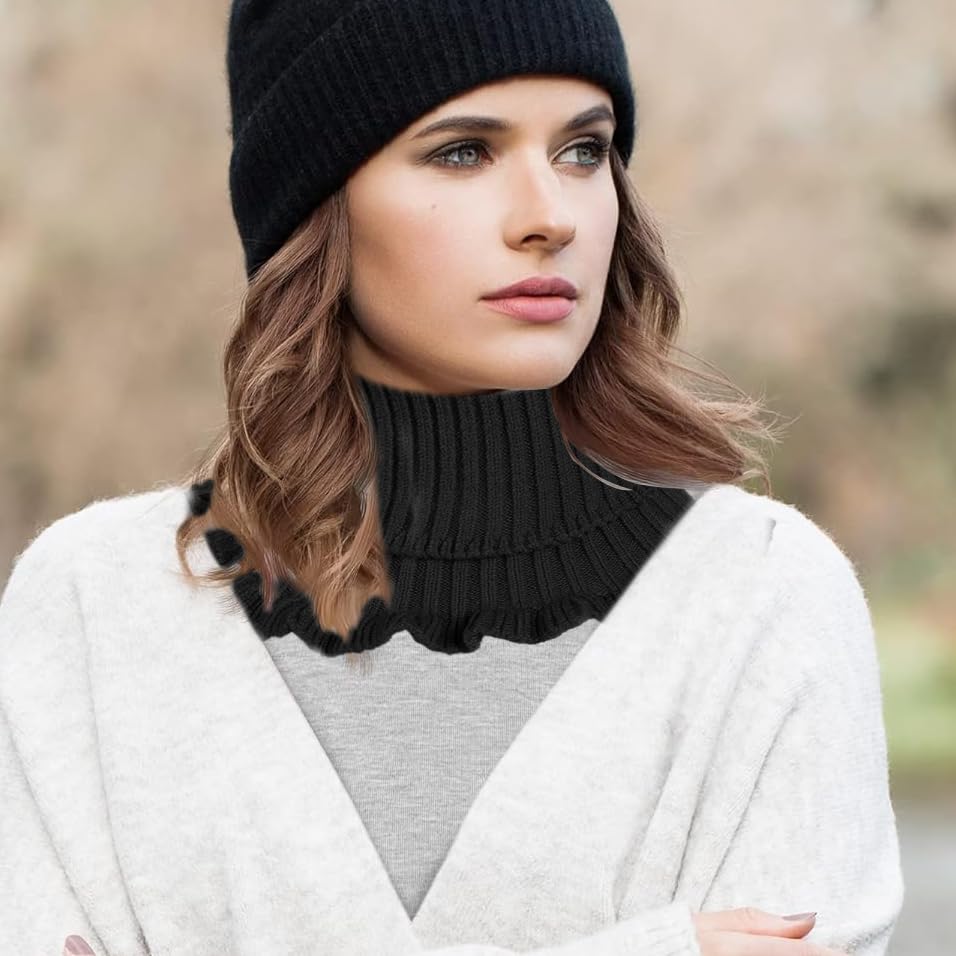 Venzina Knit Fake Turtleneck Collar for Layered Winter Style with Flounce Hem | 2pcs Black and White Acrylic Neck Warmer