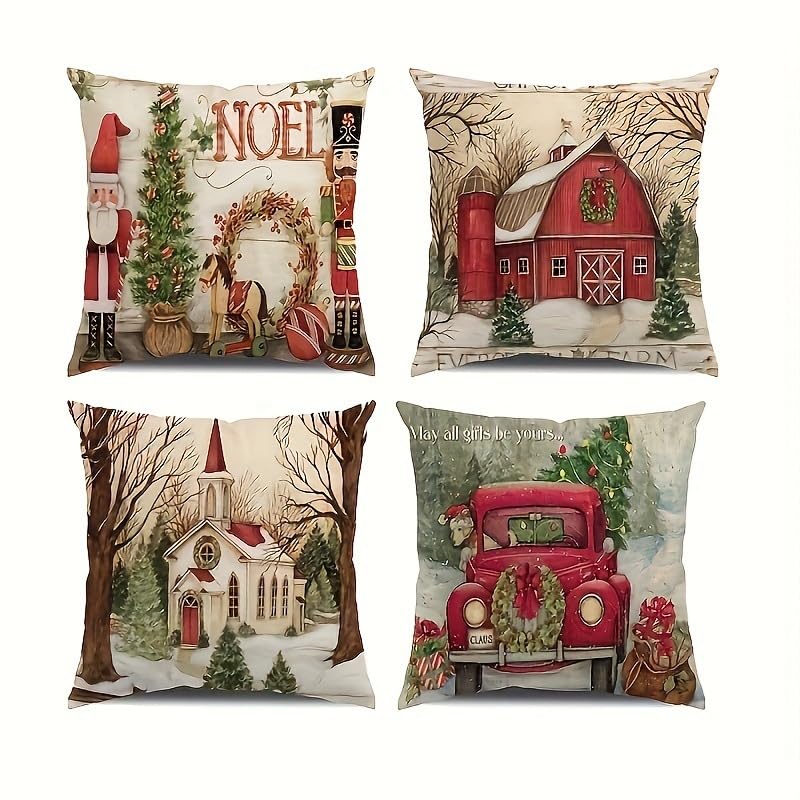 HASTHIP® 4Pcs Christmas Square Pillow Covers, Rustic Retro Festive Cartoon Classic Christmas Decorative Cushion Pillow Slipcovers, Comfort Cotton and Linen Couch Pillow Covers, 45x45cm