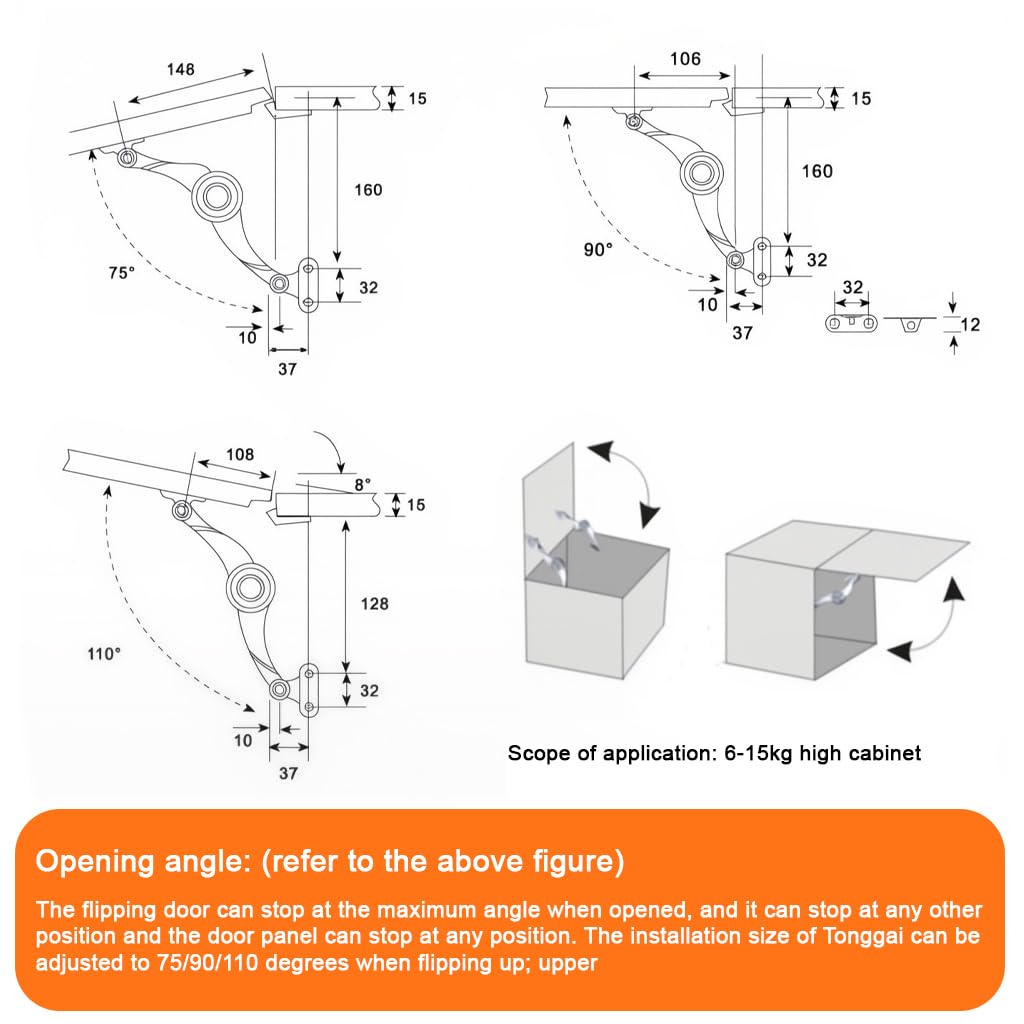 Serplex Gas Pressure Door Hinge for Flip-Up and Flip-Down Cabinets with Soft Close | Freely Staying Support and Screw Pack Included