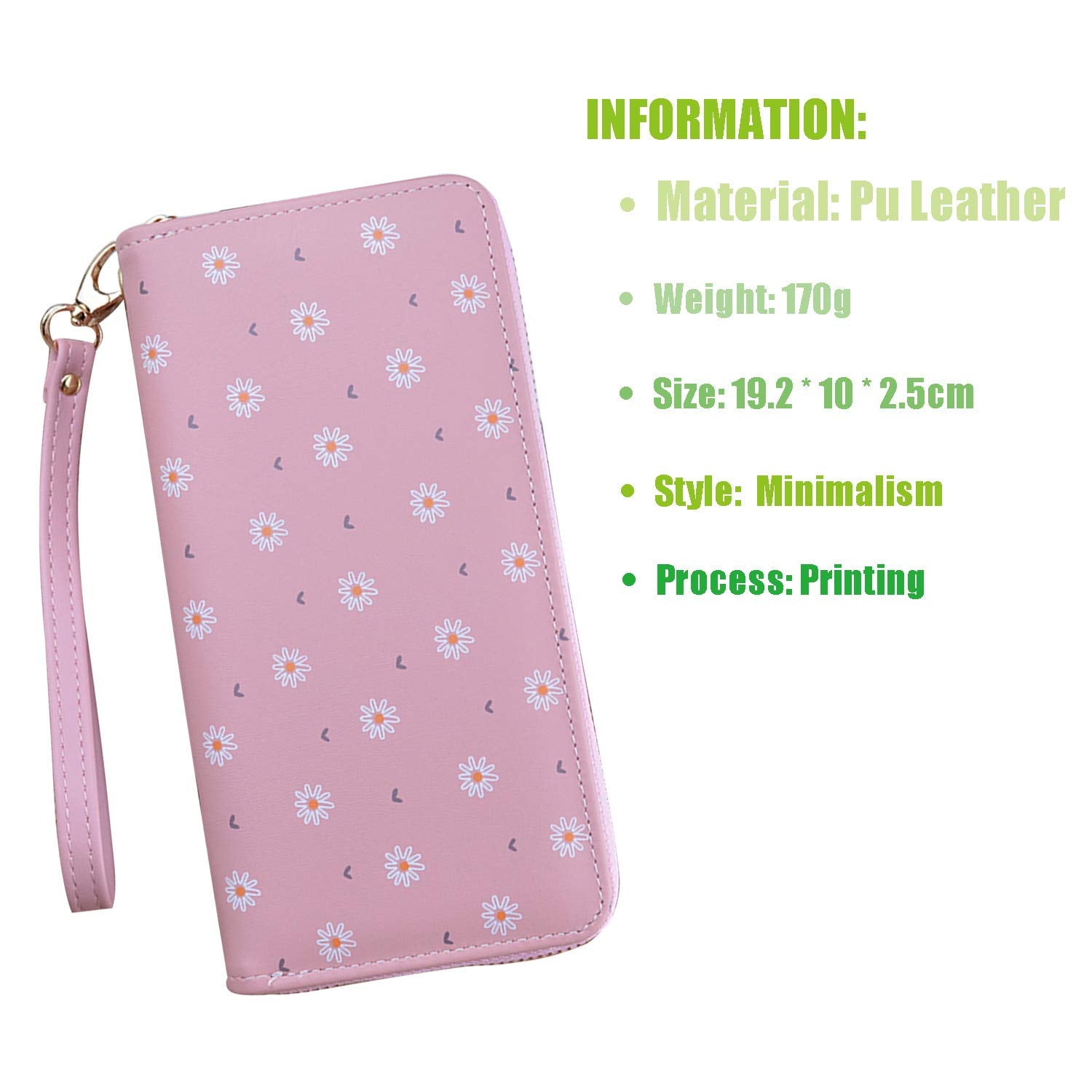 GUSTAVE Pink PU Leather Long Wallet for Women with 8 Card Slots and Zipper Pocket | 19.5x10x2.5cm
