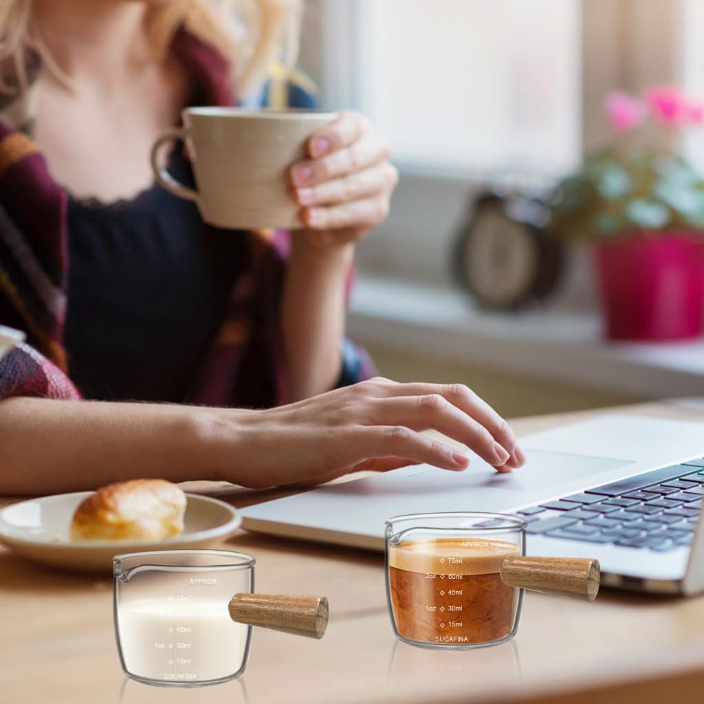 Supvox Espresso Shot Glass for Double Espresso 75ml with Wooden Handle and Heat Resistant Glass