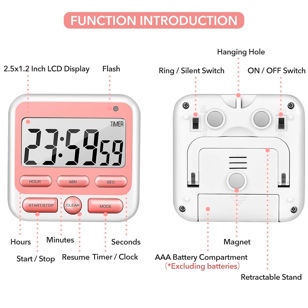 HASTHIP® Digital Kitchen Timer with Mute/Loud Alarm Switch ON/Off Switch, Big Digits Loud Alarm Magnetic Backing Stand Cooking Timers Baking Alarm Clock 24hs Countdown Timer (Battery Not Included)