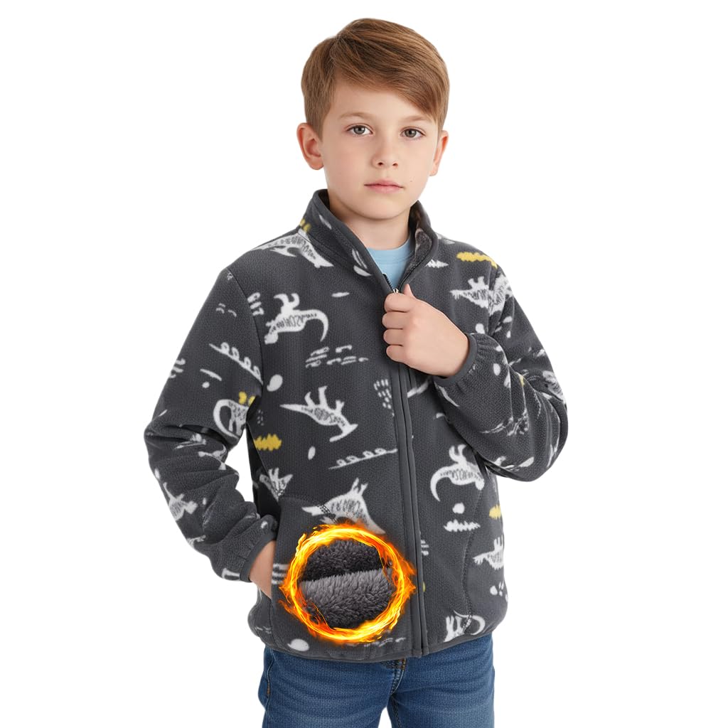 SANNIDHI Kids Polar Fleece Jacket for Winter with Dinosaur Print and Zip Up | Black 130CM