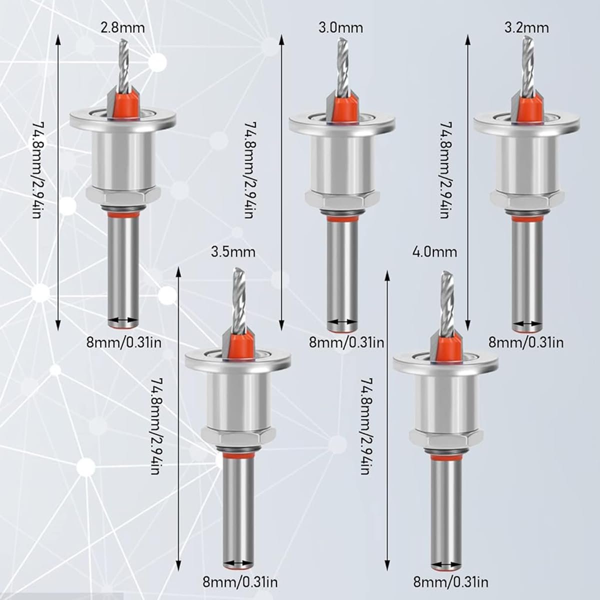 Serplex® 5Pcs Carbide Tipped 90° Countersink with Adjustable Low Friction Depth Stop Multifunctional Round Shank Bore Woodworking Drill Bit Taper Drill Bit Counterbore Drill Bit Wood Working Tools