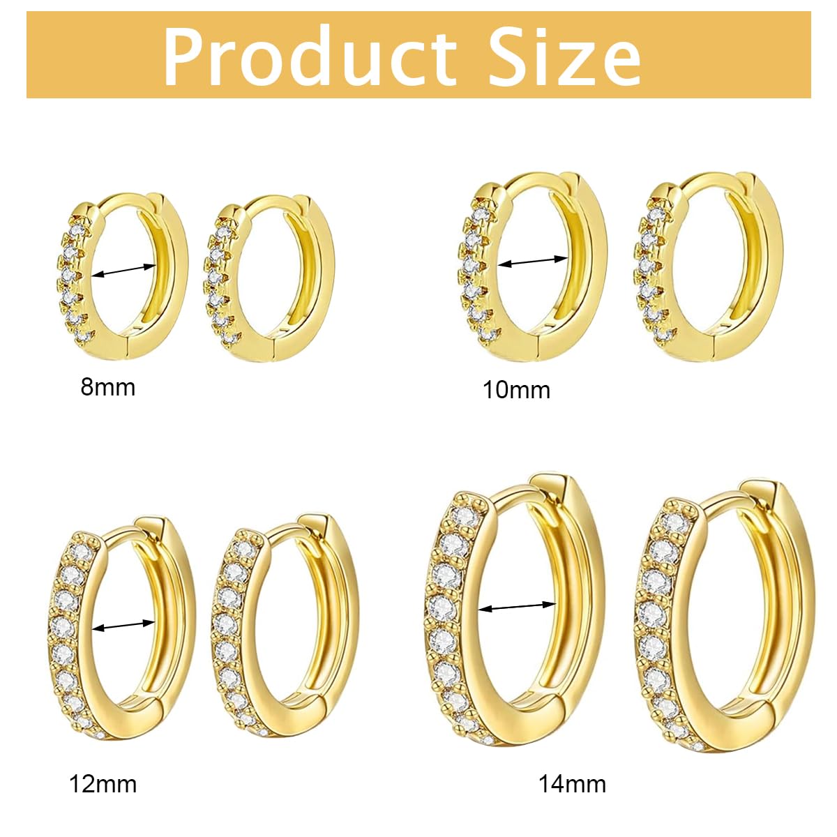 SANNIDHI Hoop Earrings for Women with Zircon Detailing including 4 Sizes 8mm–14mm | Hypoallergenic Gold Jewellery Gift