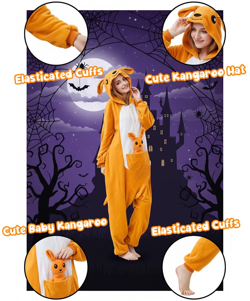 PALAY Cartoon Kangaroo Pajama for Women featuring Zipper Collar Hood Pocket and Plush Polar Fleece