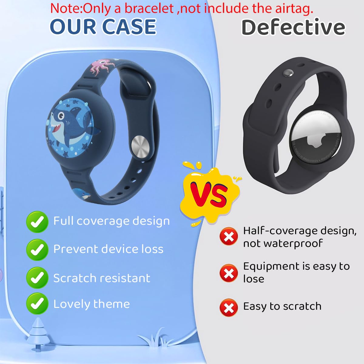 ZORBES Kids AirTag Bracelet for Anti-Lost Tracking with 9 in Adjustable Silicone Band | Cartoon Shark Design for Children
