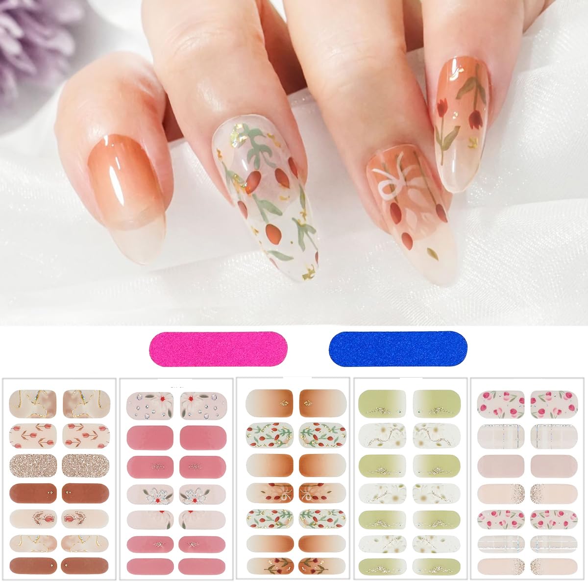 MAYCREATE® 5 Sheets Nail Stickers Fake Nail Decal Sticker Full Cover Nail Art Sticker Self Adhesive Embossing Nail Art Sticker for Various Nail Shape DIY Art Decal with 5 Styles(70pcs)