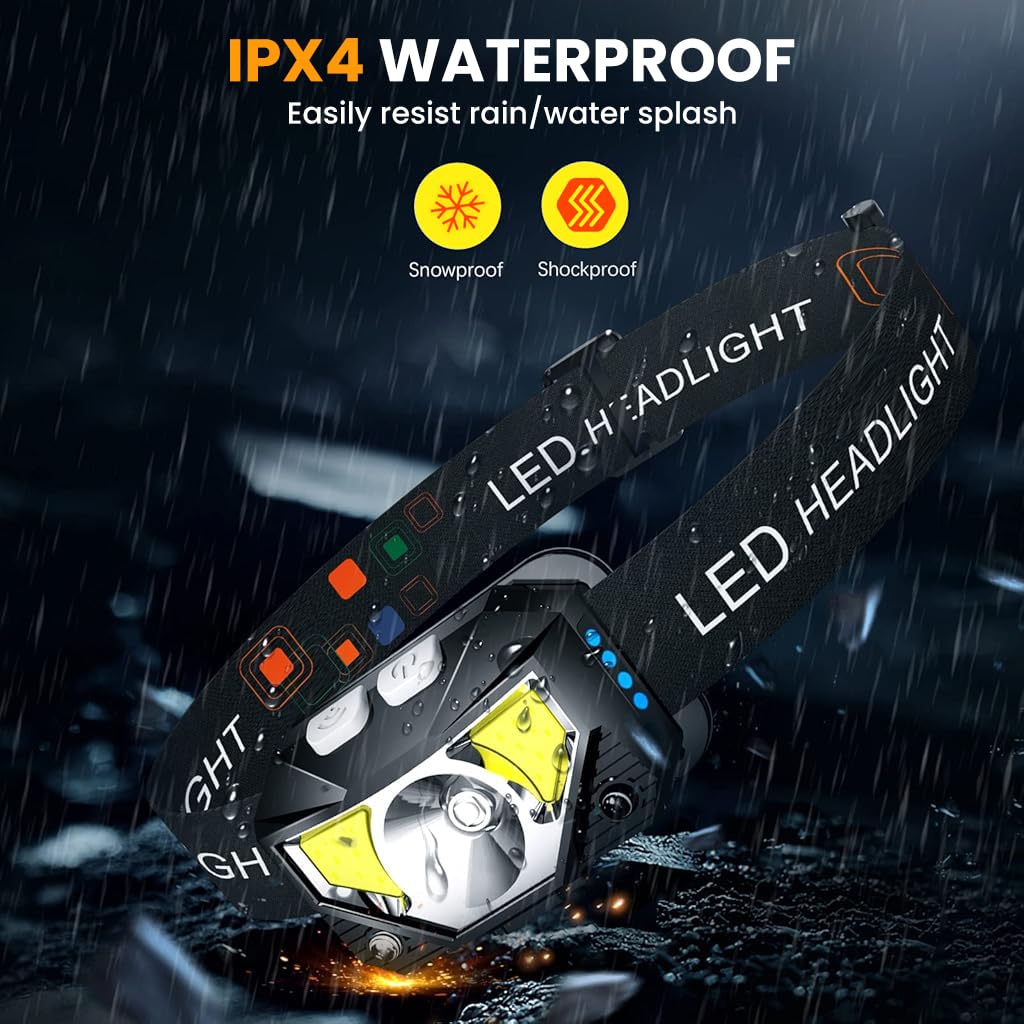 PROBEROS LED Headlamp for Camping and Hiking with Motion Sensor and Red Flash Warning | IPX5 Waterproof Rechargeable Light