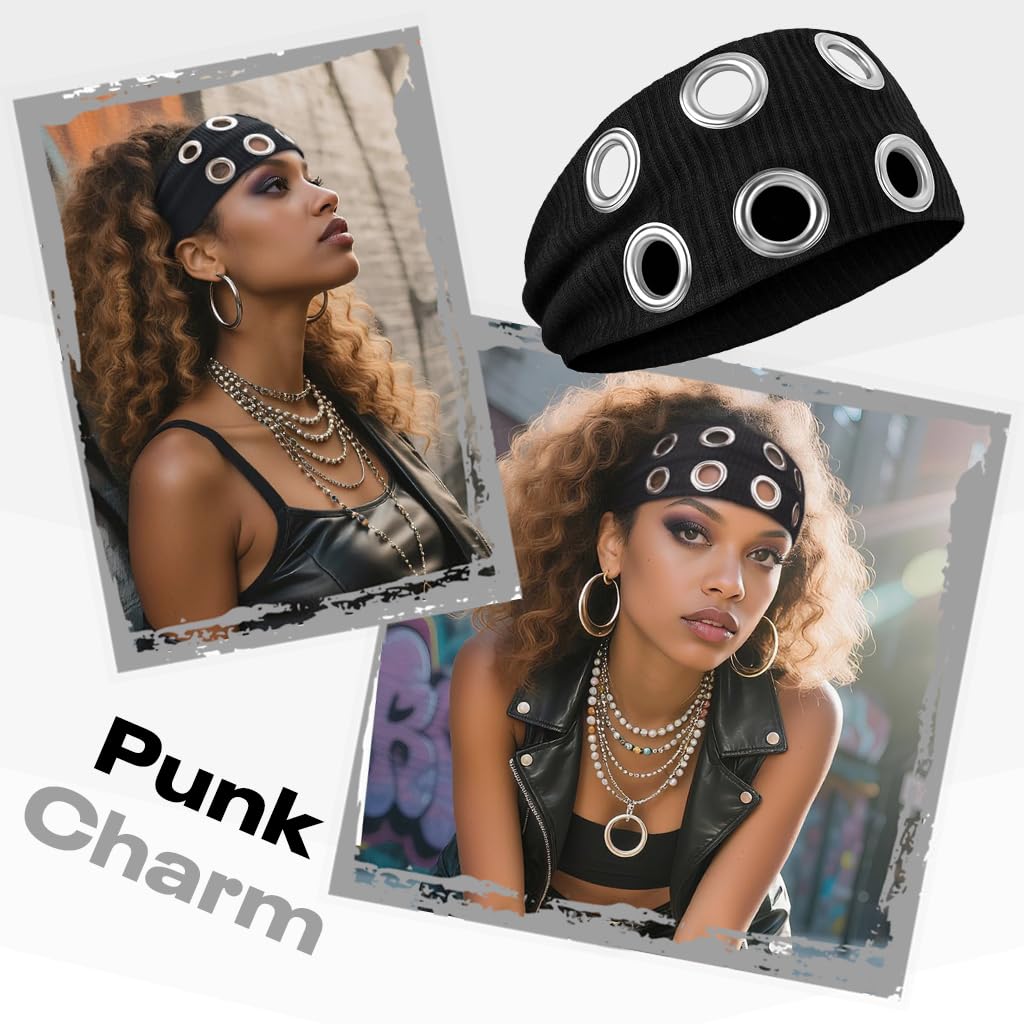 SANNIDHI Hairband for Women with Metal Eyelets and Stretchy Ribbed Fabric | Black Wide Punk Headpiece