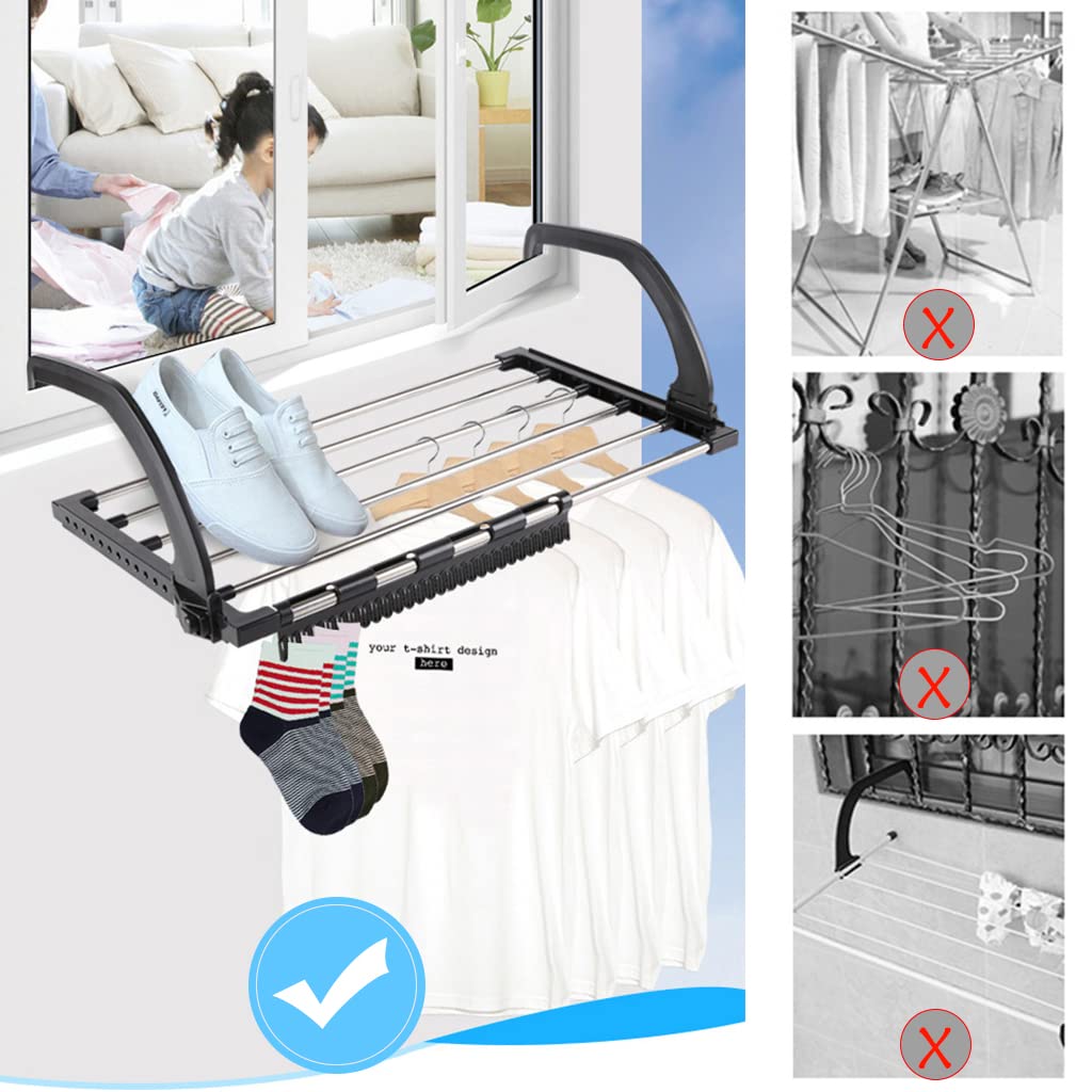 Supvox Foldable Clothes Drying Rack, Portable Clothes Dryer Stand for Balcony Railings Windowsill, Folding Towel Rack Indoor Outdoor Laundry Rack with Sock Clips, Stainless Steel + ABS (59 cm)