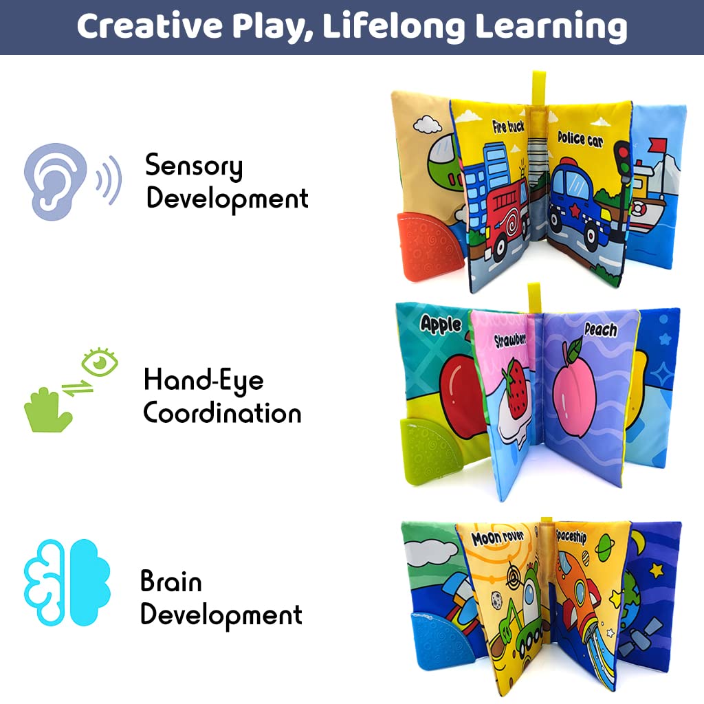 SNOWIE SOFT Baby Cloth Books Set for Early Learning with Silicone Teether | 6 Themes for 3–12 Months