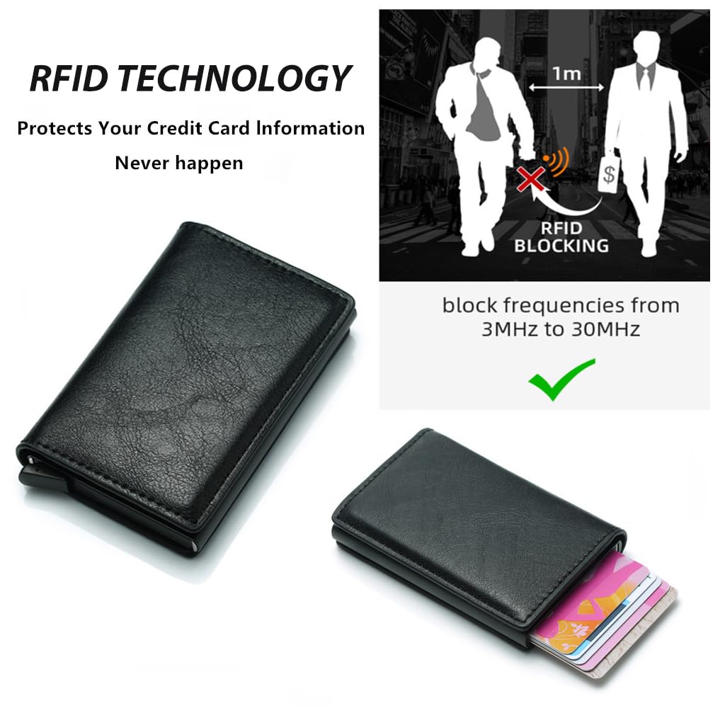 Zibuyu Slim Wallet for Men featuring pop up aluminum chamber with RFID blocking | black PU leather 3.74×2.55×0.59 in design
