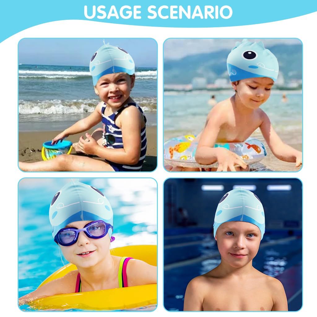 Proberos® Kids Swimming Cap Slicone Swimming Cap with Nose Clip & Earplugs Blue Cartoon Dinosaur Swimming Cap for Boys Girls