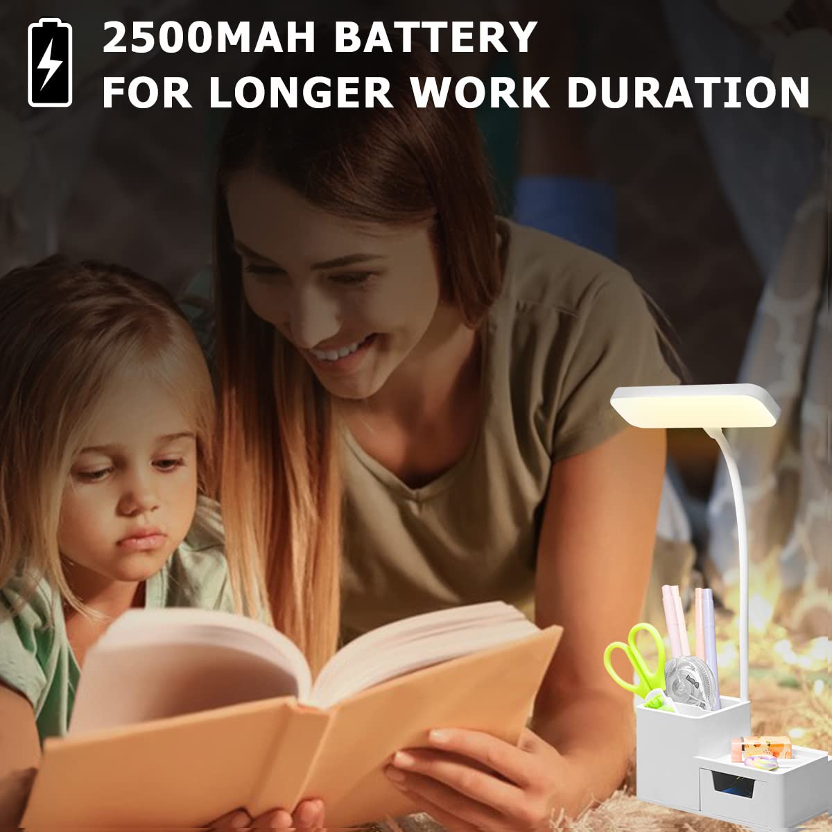 ELEPHANTBOAT Table Lamp for Study LED Light 2500mAh with Dual Pen Holder Flexible Gooseneck Night Study Lamp for Students Multifunction with Phone Stand and Storage Reading Lamp