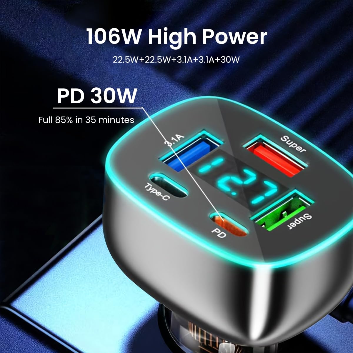 STHIRA USB 3.1 Car Charger for 12V and 24V Vehicles with 106W Output and LCD Display | 5 in 1 Type C PD and USB Ports