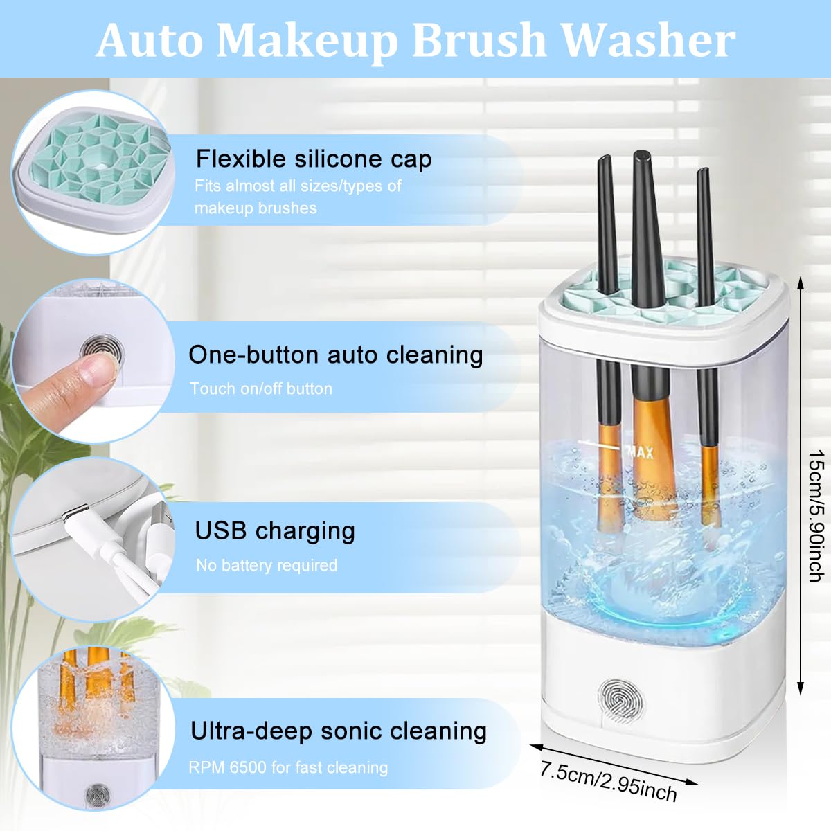 MAYCREATE Makeup Brush Cleaner for Hygienic Beauty Routines with UV Disinfection and USB C Control | Compact 3 in 1 Cleaner and Dryer