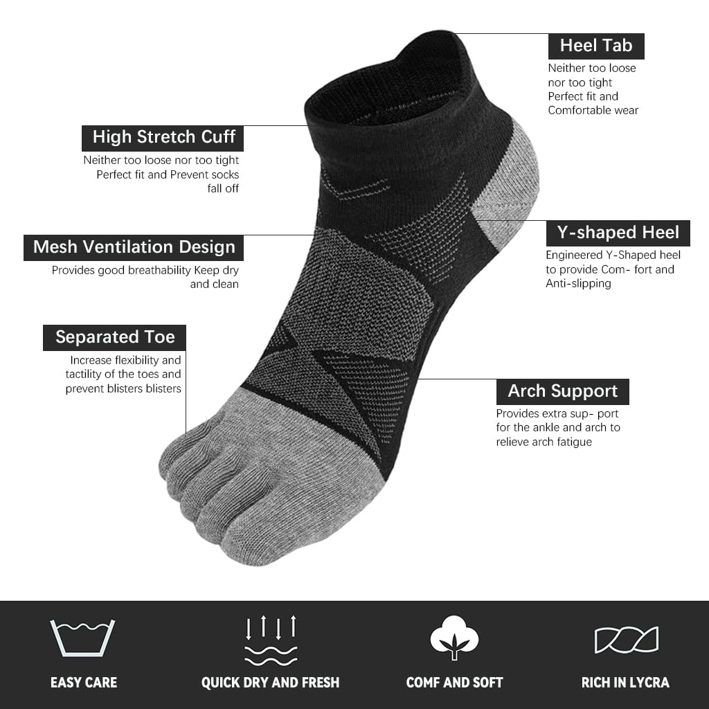 Proberos Mens 5 Toe Yoga Socks for Exercise with Anti Skid Sole and Moisture Wicking Cotton | 3 Pairs Grey
