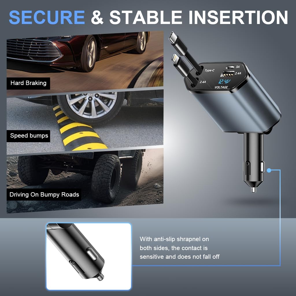 STHIRA Retractable Car Charger for Travel with 120W Power and 31.5in Cables | 4 Ports