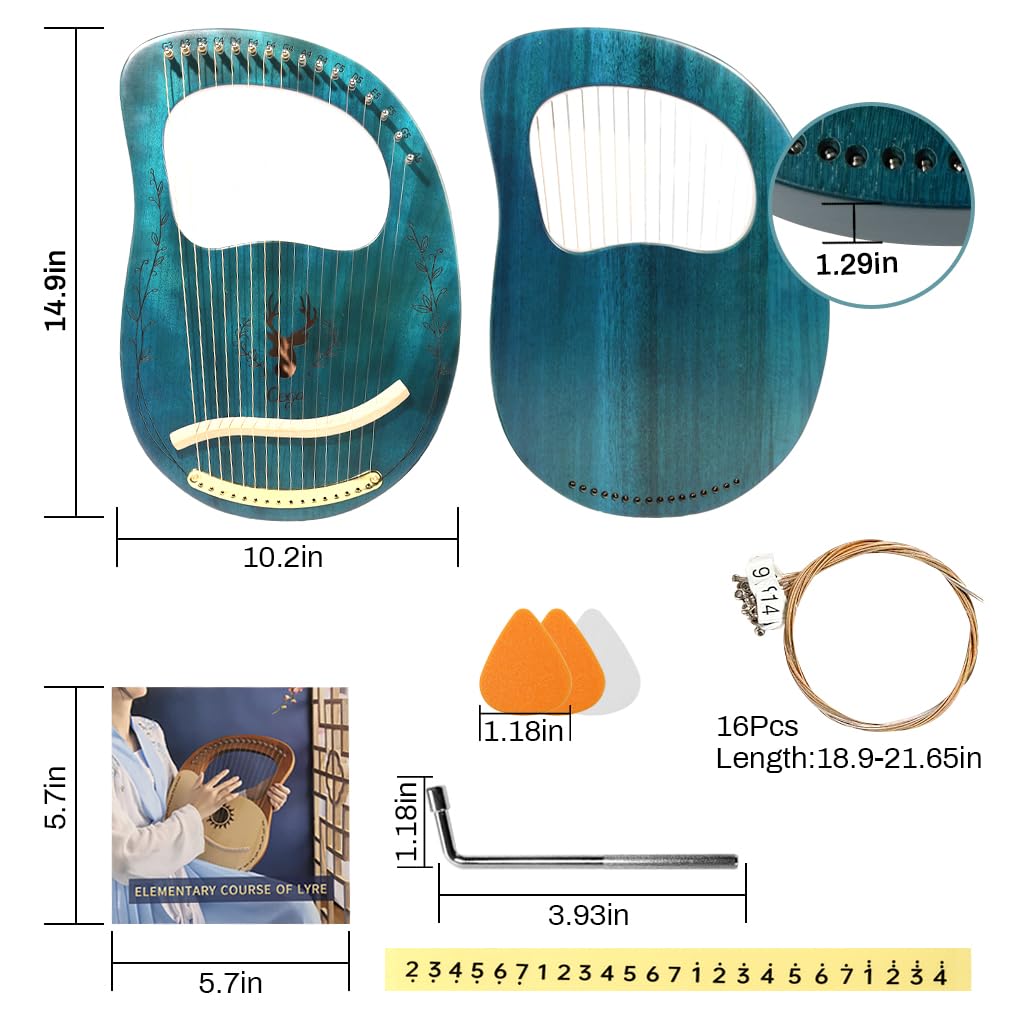 PATPAT Harp Instrument for Beginners with 16 Strings and Mahogany Body | Portable Lap Lyre