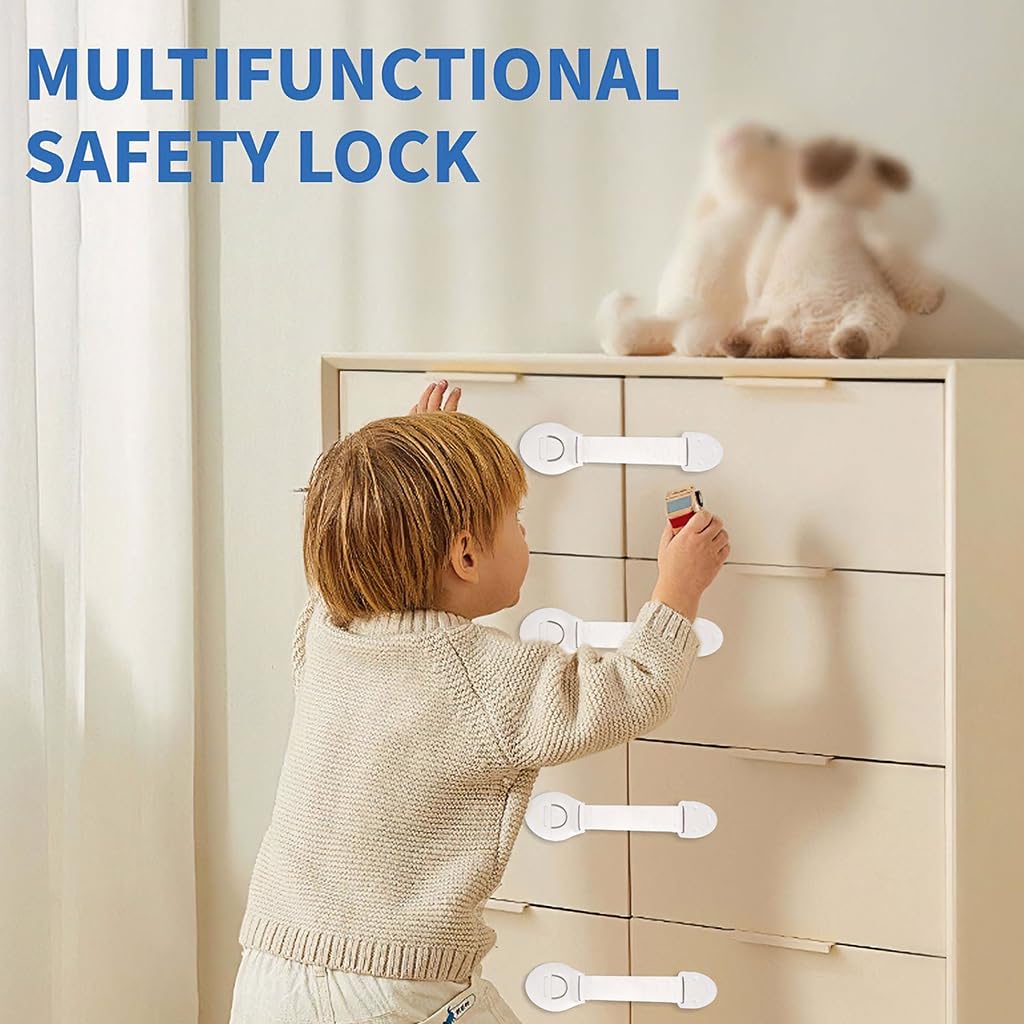 ZIBUYU Child Safety Cabinet Locks 10 Pcs for Cabinets and Drawers with Adhesive Strap | White