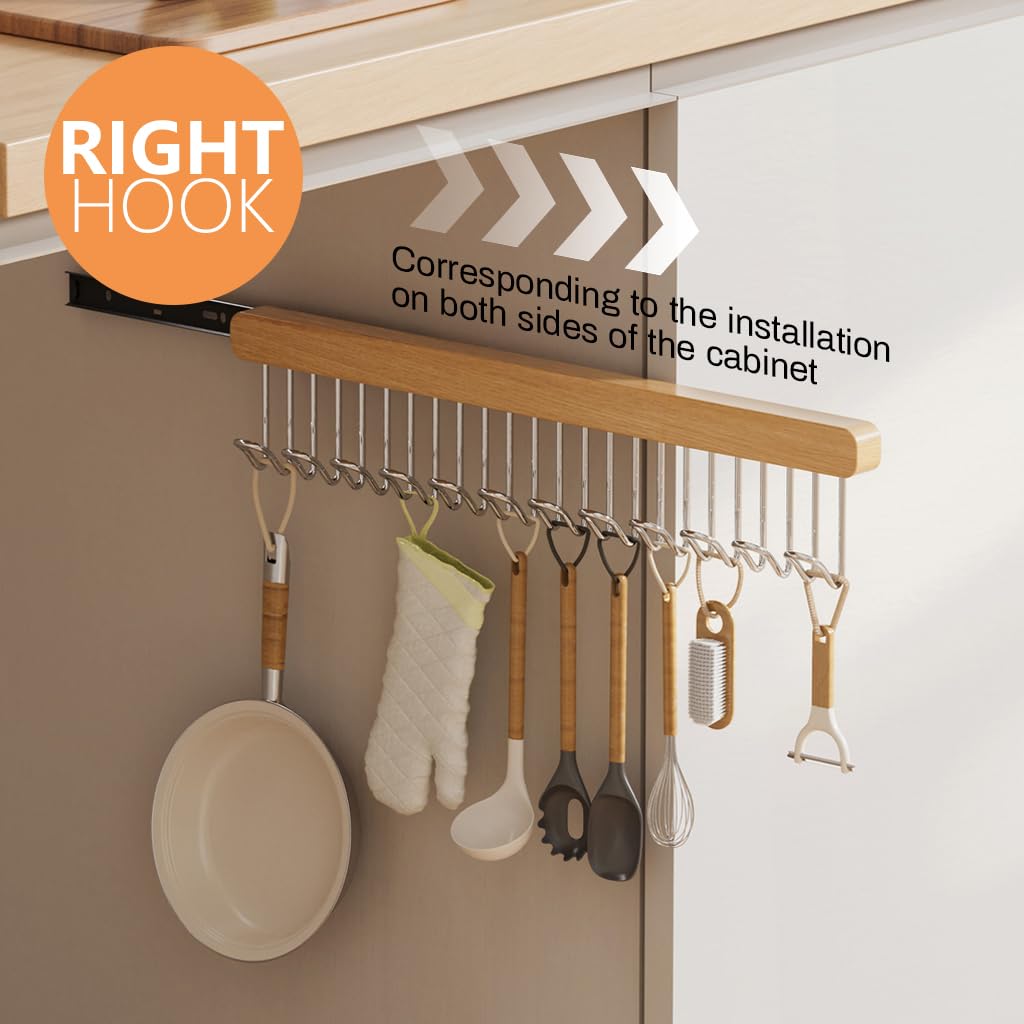 HASTHIP Wooden Hanger for Clothes with 12 Hooks 41x8cm | Sliding Wall Mounted Rack