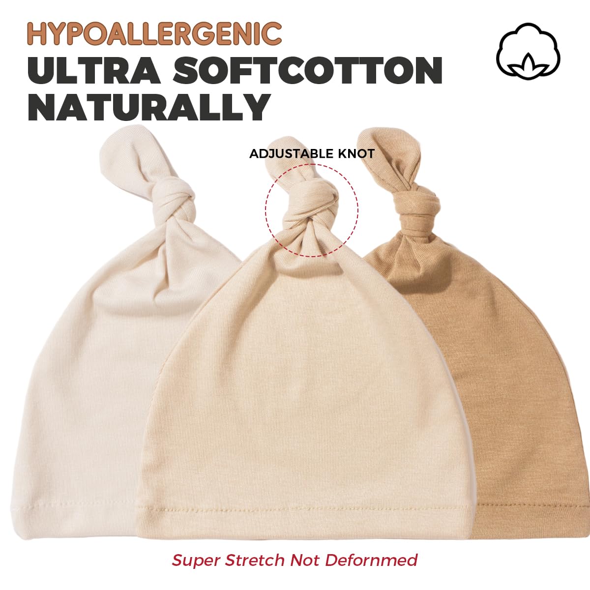 SNOWIE SOFT Baby Beanies 3Pcs Set for 0–24 Months with Stretch Fit and Soft Polyester | Warm Hats for Newborn Boys and Girls